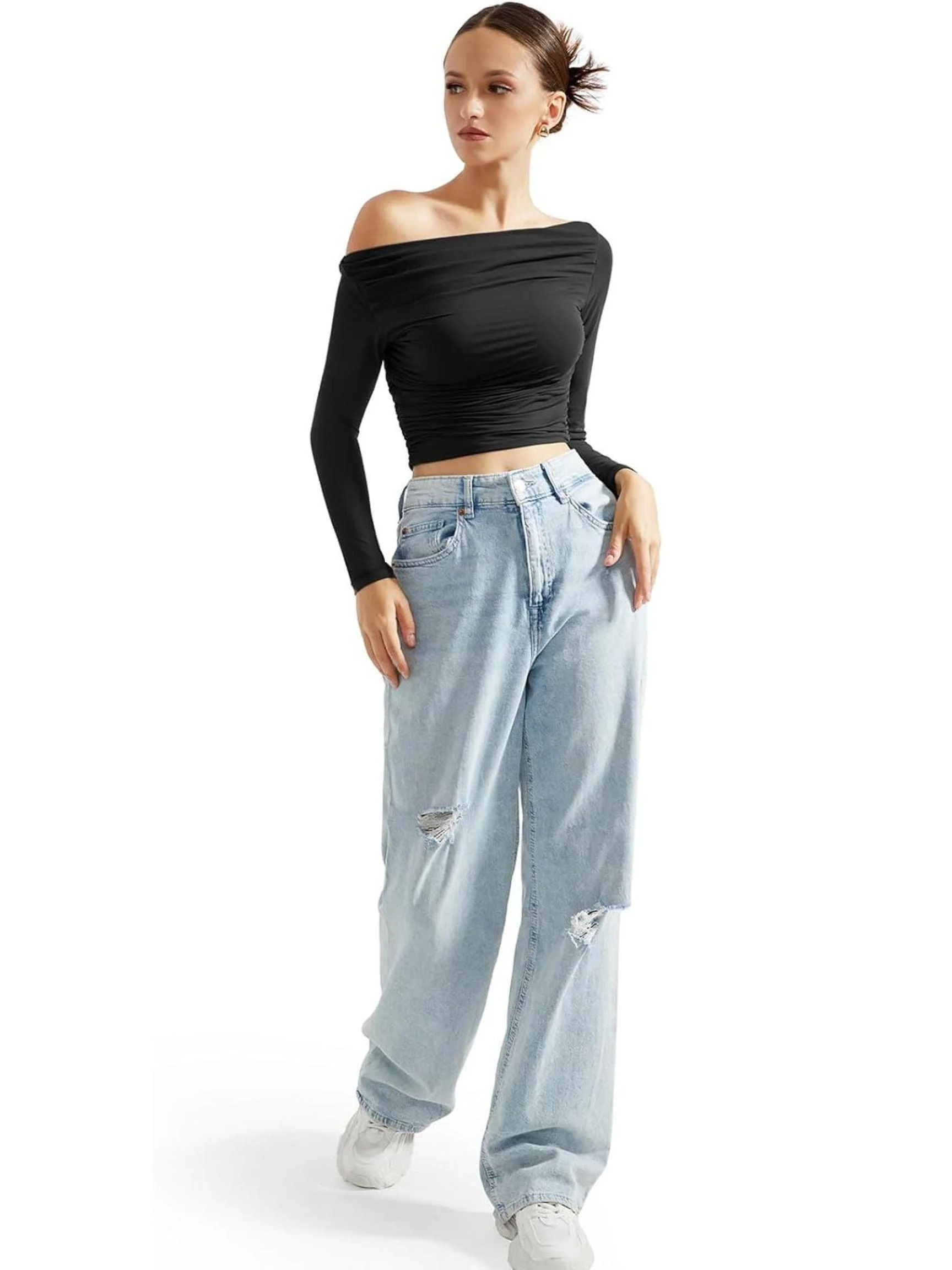 Buttery Soft Ruched Off Shoulder Shirt - Long Sleeve - Image 4
