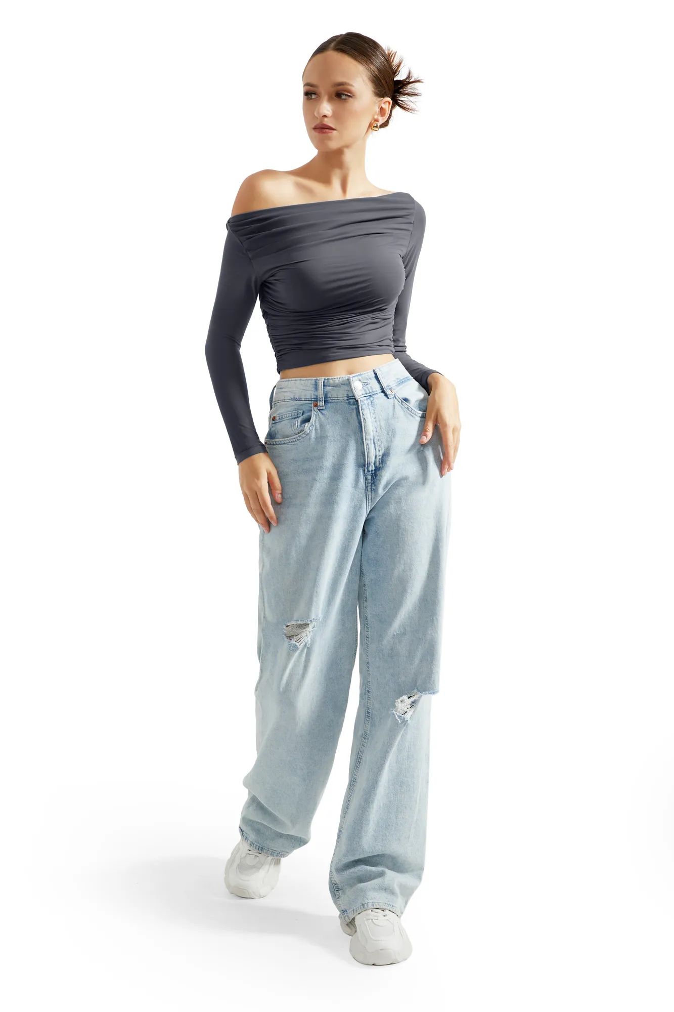 Buttery Soft Ruched Off Shoulder Shirt - Long Sleeve - Image 43