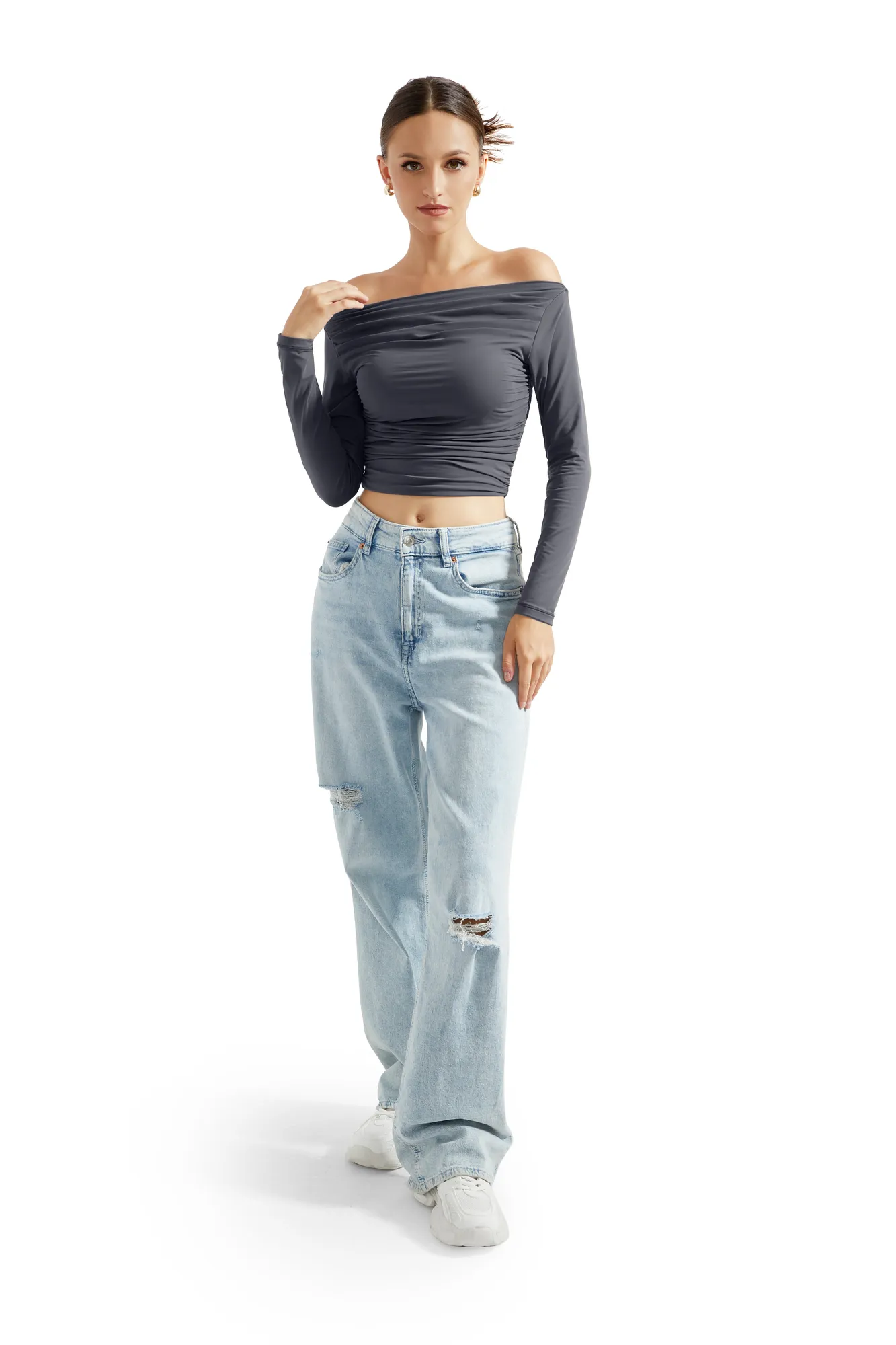Buttery Soft Ruched Off Shoulder Shirt - Long Sleeve - Image 44