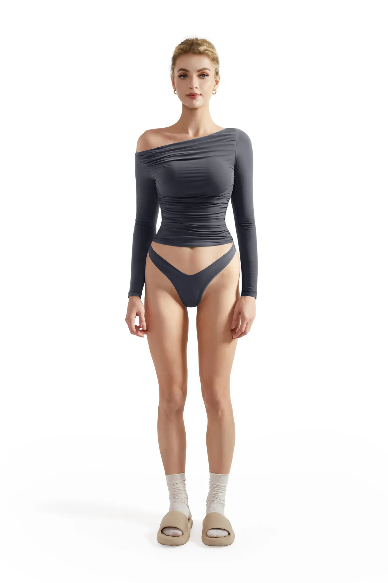 Buttery Soft Ruched Off Shoulder Shirt - Long Sleeve - Image 45
